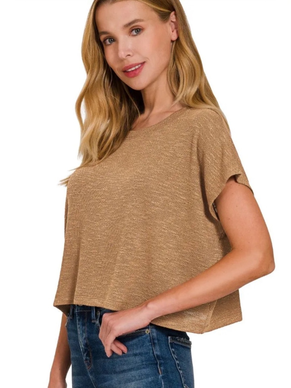 Zenana Outfitters Slub Hacci Crop Top Deep Camel